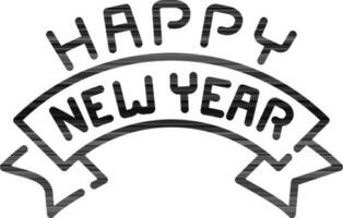 Happy New Year text ribbon icon in black line art. vector