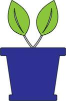 Blue pot icon with two leaf in color and stroke. vector