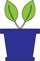 Blue pot icon with two leaf in color and stroke. vector