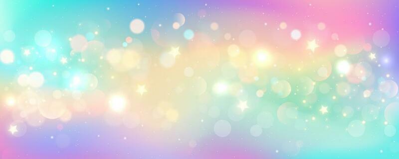 Rainbow unicorn background. Pastel fantasy sky with bokeh and stars. Magic holographic galaxy. Marble kawaii texture. Vector cosmic girlie wallpaper.