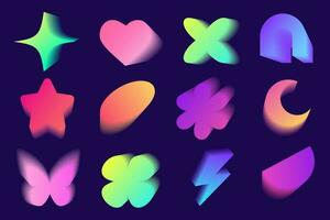 Y2k gradient shapes. Holographic soft elements. Abstract aura effect. Blurred aesthetic heart flower butterfly and lightning. Vector sticker set