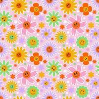 Groovy flower seamless pattern. Y2k floral smile background. Cartoon retro daisy print with funny faces. Vector trendy aesthetic illustration.