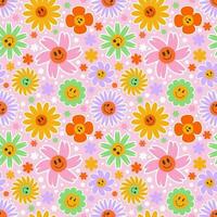 Groovy flower seamless pattern. Y2k floral smile background. Cartoon retro daisy print with funny faces. Vector trendy aesthetic illustration.