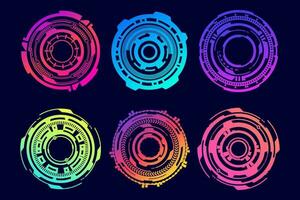 HUD futuristic elements. Abstract optical neon aim. Circle geometric shapes for virtual interface and games. Camera viewfinder for sniper weapon. Vector set