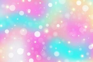 Rainbow unicorn fantasy background with stars and bokeh. Holographic illustration in pastel colors. Bright multicolored sky. Vector. vector