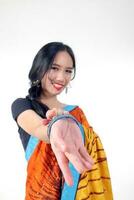 South east Asian Chinese race ethnic origin woman wearing Indian dress costume Sharee glass bangles multiracial community on white background photo