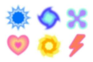 Y2k gradient shapes. Holographic soft elements. Abstract aura effect. Blurred aesthetic heart flower and lightning. Vector sticker set