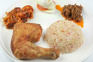 Indonesian royal dish nasi bojari with deep spiced deep fried chicken leg sambal prawn curry beef rendang boild egg cucumber and tomato slice photo