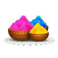 Holi colors in bowl on rangoli decorated background. vector