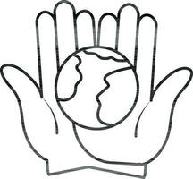 Stroke style of icon of earth in hand. vector