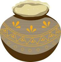 Isolated brown color mud pot decorated with yellow color design. vector