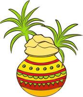 Decorative mud pot with sugarcane for Pongal. vector