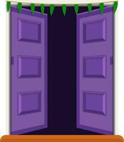 Open door decorated by leaves . vector