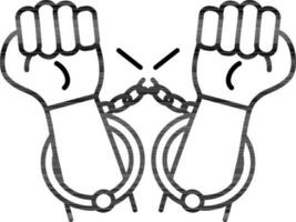 Broken handcuff with hand icon in line art. vector