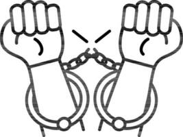 Broken handcuff with hand icon in line art. vector