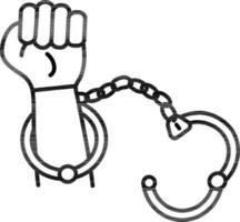 Hand with handcuff icon in black line art. vector