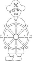 Black Line Art illustration of Pirate Man Holding Ship Wheel icon. vector