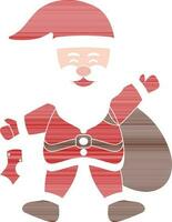 dibujos animados Papa Noel claus participación un calcetines con marrón bolso en plano estilo. vector