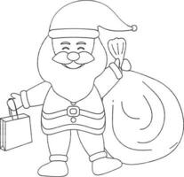 Black Line Art Illustration Of Santa Claus Holding Shopping Bag With Heavy Sack. vector