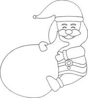 Cartoon Santa Claus Sitting With Heavy Sack Icon In Black Line Art. vector