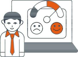 Flat Style Businessman with Feedback Scale in Laptop Screen icon. vector