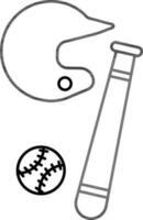 Baseball with Bat and Helmet Icon in Black Line Art. vector