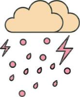 Thunderstorms Rainy Cloud Icon In Peach Yellow And Pink Color. vector