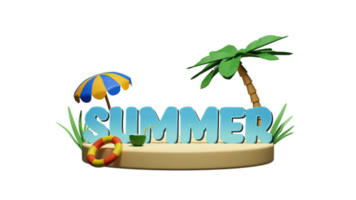 3d sommar text med boll, simning ringa och paraply på strand för njuter sommar tid. png