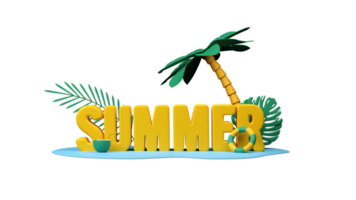 3d gul sommar text med kokos dryck, simning ringa och handflatan träd för sommar firande baner design png