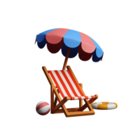 3D Render of Empty Beach Chair Under Umbrella with Ball and Swimming Ring Element. png