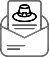 Line art pilgrim hat in envelope card icon. vector