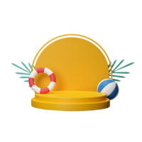3d hacer de vacío redondo amarillo podio decorado con nadando anillo y playa pelotas para presentación concepto. png