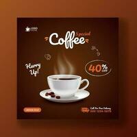 Special coffee drink menu sale promotional social media post banner template. Cafeteria advertisement concept, espresso, shop marketing square ad. Coffee cup with smoke and coffee beans vector