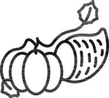 Cornucopia with pumpkin icon in line art. vector