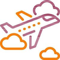 Airplane With Clouds icon in maroon and orange line art. vector