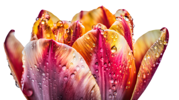 atemberaubend Bild, Wasser Tröpfchen von frisch Tulpe Blume auf transparent Hintergrund. generativ ai Technologie. png