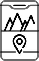 Black Line Art Illustration of Mountain with Map Pin in Smartphone Screen Icon. vector