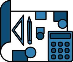 Blueprint With Calculator Icon In Blue And White Color. vector