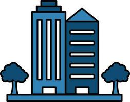 plano estilo edificio o Departamento icono en azul y blanco color. vector