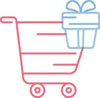 Shopping Cart with Gift Box icon in Red and Blue Thin Line Art. vector