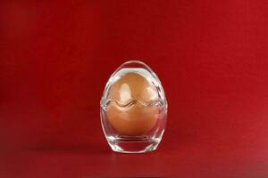 Egg in egg shape glass container protection shell on red background safety security photo