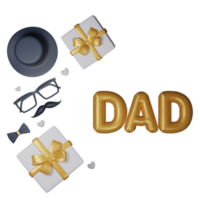Top View of Golden Balloony DAD Text with Gift Boxes and Male Hipster Elements for Father Day Concept. png