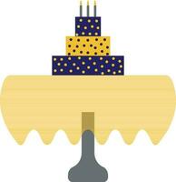 Decorated cake with burning candle on table in cover. vector
