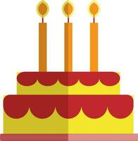 Red and yellow decorated cake with orange burning candles. vector