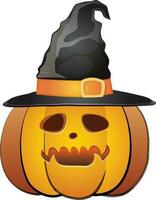 Funny halloween pumpkin in witch hat. vector