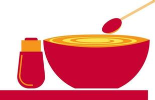 Red bowl with sprinkle bottle and spoon on tray. vector