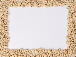 Blackeye beans top view horizontal vertical line frame copy text space on white background photo