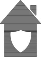 Shield with hut in black and white color. vector