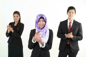 South east Asian young Chinese Indian man woman wearing formal business office ware on white background pose expression photo