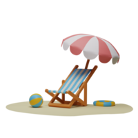 3D Render of Empty Beach Chair Under Umbrella with Ball and Swimming Ring Element on Sandscape. png